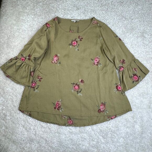 John Mark Olive Green Floral Embroidered Blouse Ruffle Bell Sleeve - Picture 1 of 9